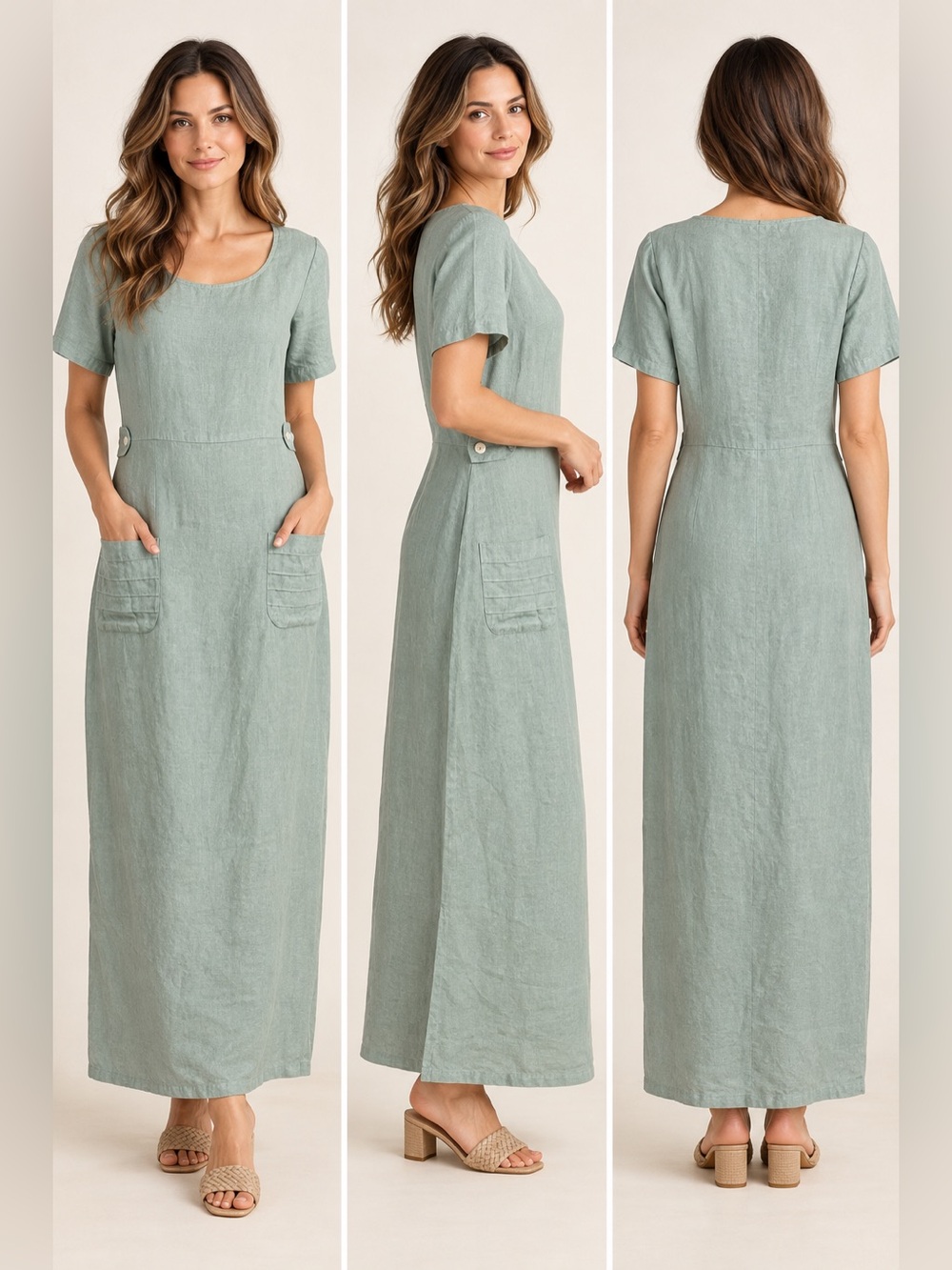 J. Jill Sage Green 100% Linen Maxi Dress w/
Short Sleeves & Pockets, Size Small